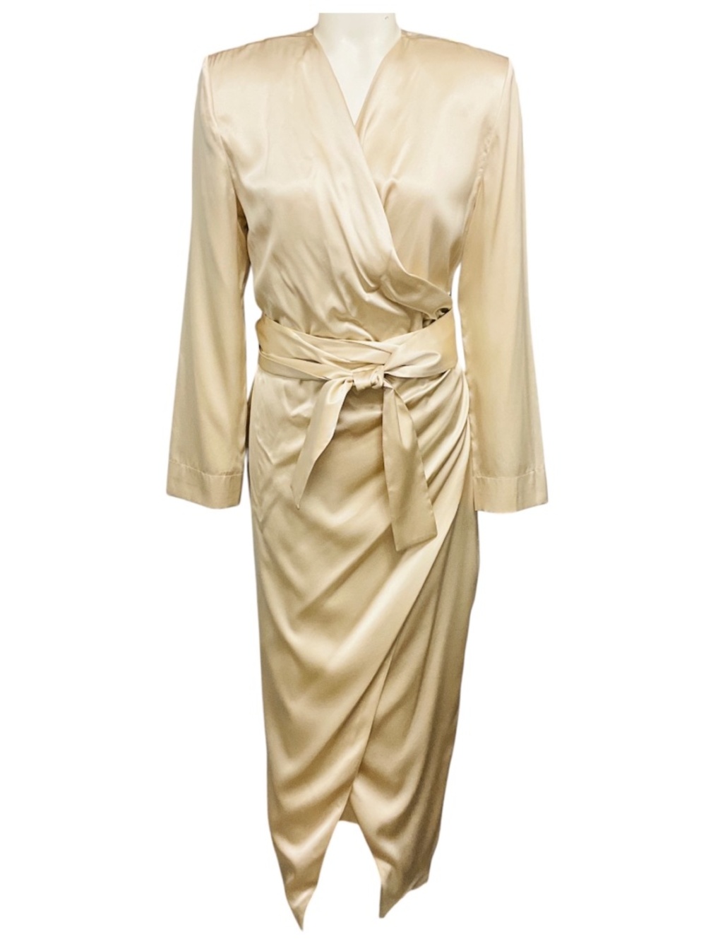 MATÉRIEL TBILISI CHAMPAGNE METALLIC STRUCTURED LONG SLEEVED SILK WRAP MIDI DRESS